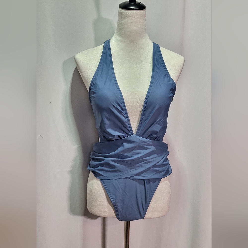 Cupshe NWT Blue Plunge Twist-Front Ultra Cheeky Monokini 1pc Swimsuit Size Large